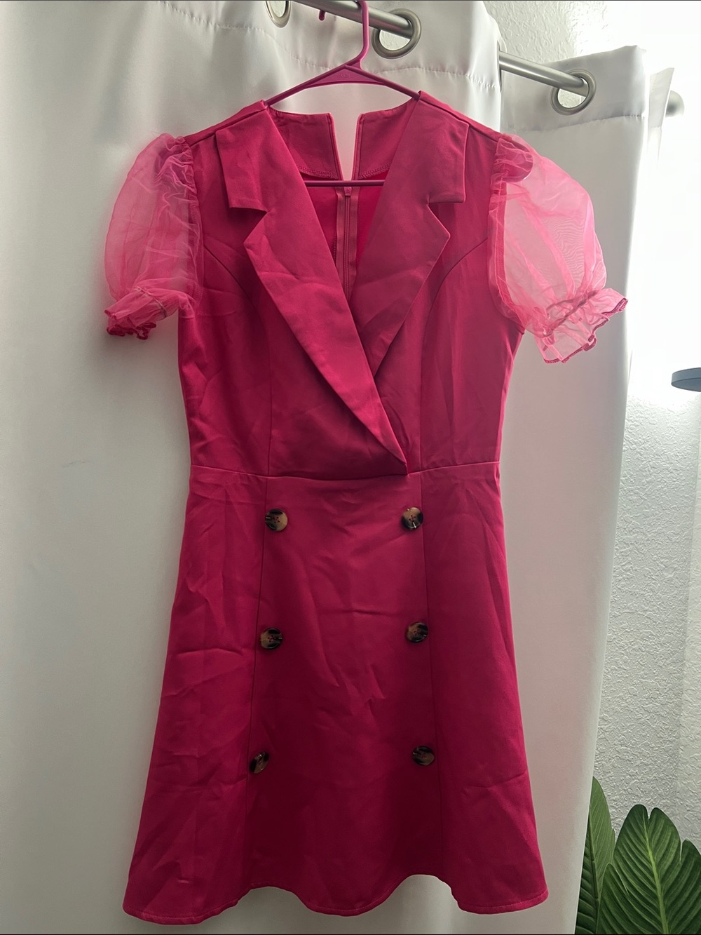 SHEIN Hot Pink Puff-Sleeve Double-Breasted Mini Dress